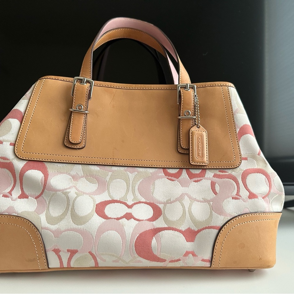 Coach Tan and Pink Satchel Bag with Signature Design